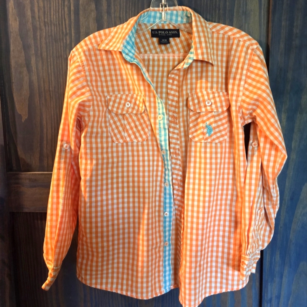 Orange Gingham Button-Up Shirt